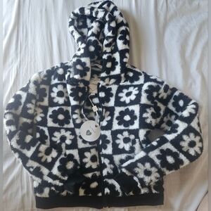 btween Black/White Zip-Up Hoodie with Checkered Flower Pattern sz 7